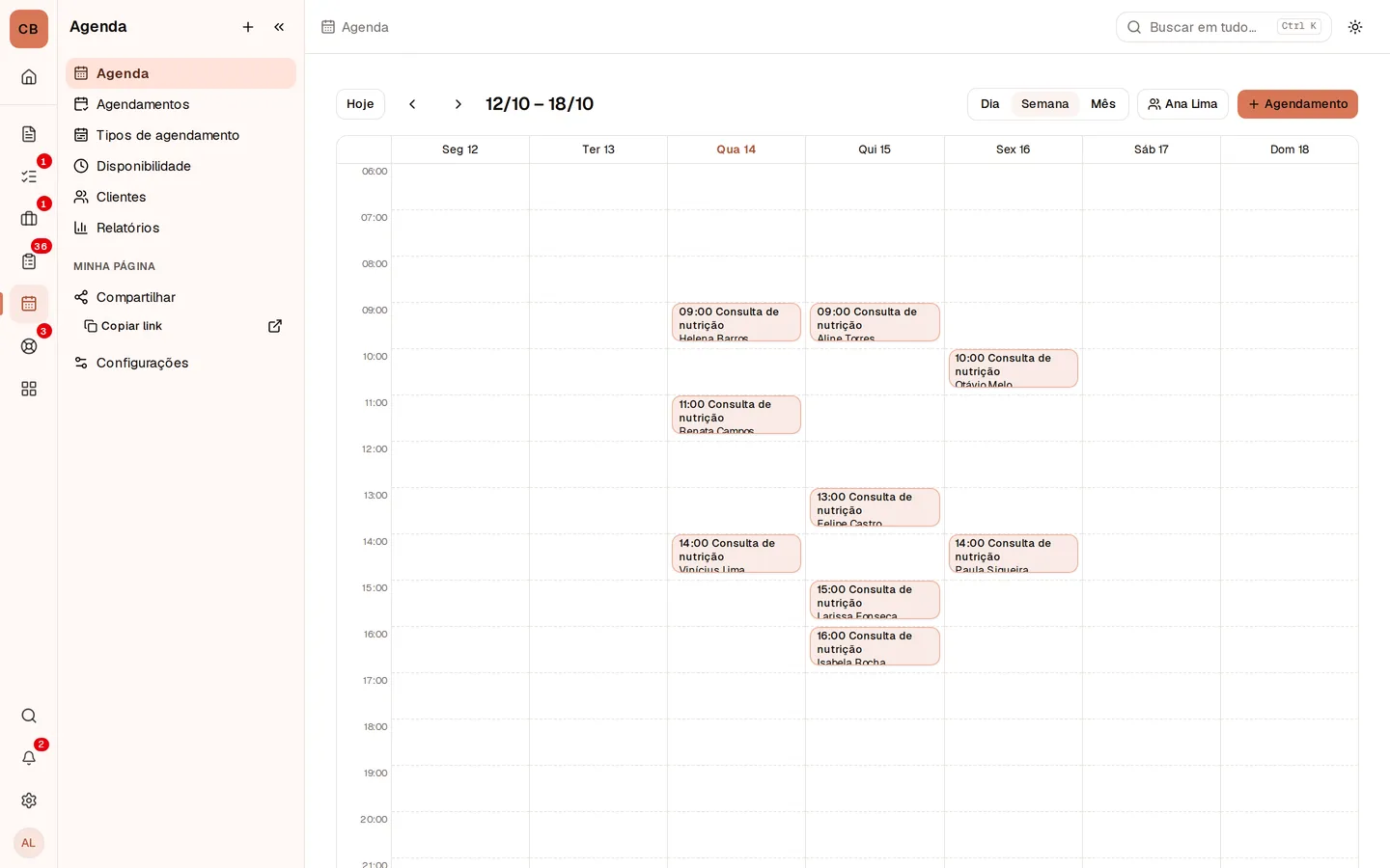 Agenda da equipe na semana
