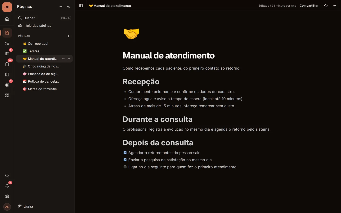Editor de blocos com a árvore de páginas