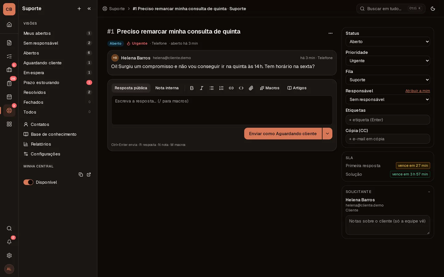 Conversa com nota interna e respostas prontas