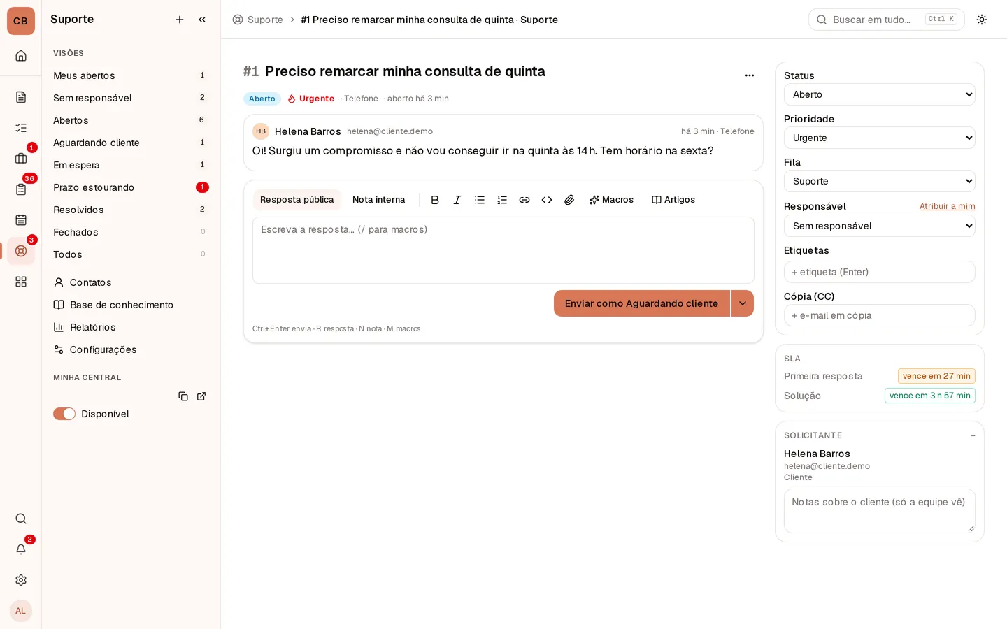 Conversa com nota interna e respostas prontas
